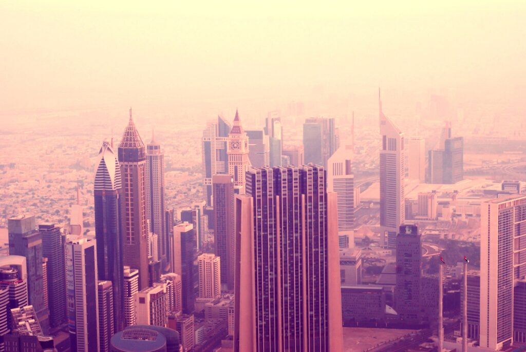 Pink morning in Dubai. Aerial view of Dubai skyline. United Arab Emirates architecture Dubai skyline